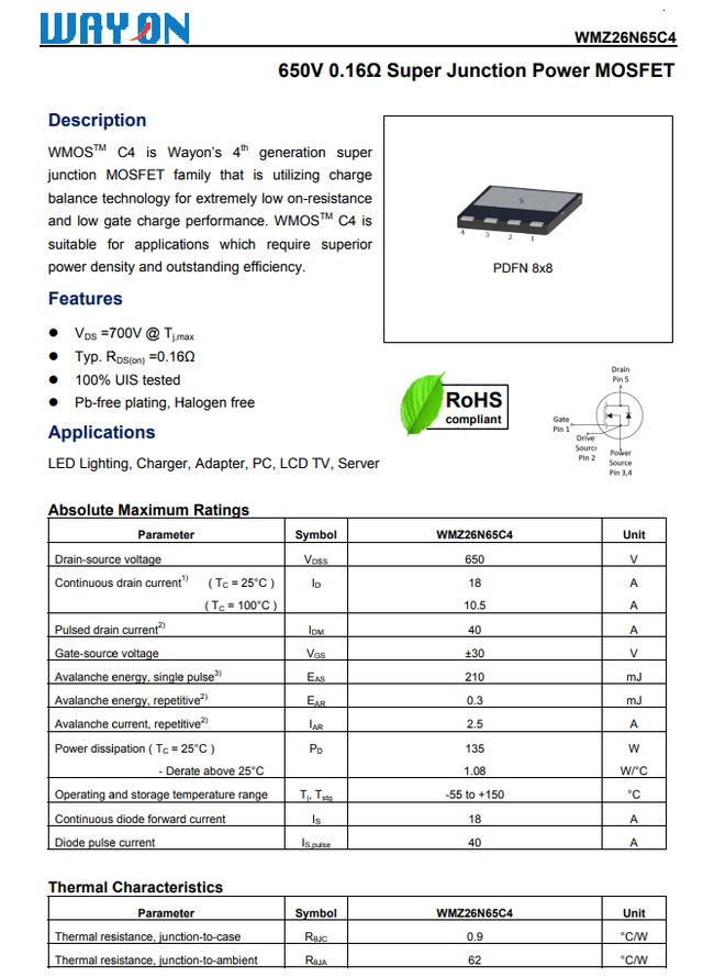 Wayon代理商，維安代理商，65W PD電源， 超結(jié)MOS管WMZ26N65C4 ， 同步整流管WMB085N10LG2