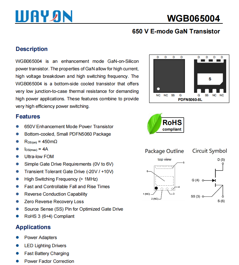 Wayon代理，維安代理，WGB065004，氮化鎵芯片， 650 V E-mode GaN Transistor