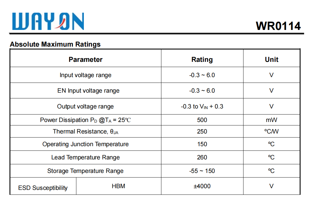 Wayon代理商，維安代理商，超低功耗0.7UA， CMOS LDO穩(wěn)壓器，WR0114系列， WR0114-33A50R， WR0114-30A50R