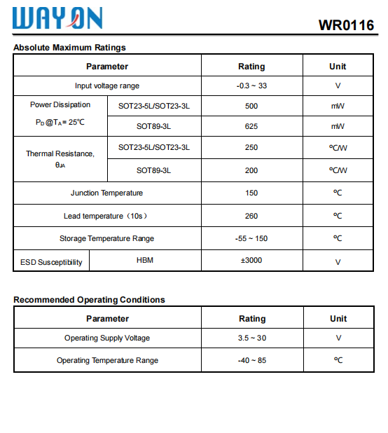 Wayon代理，維安代理，超低功耗CMOS LDO ，WR0116系列 ，WR0116-33A21R ，WR0116-33A51R， WR0116-33A31R