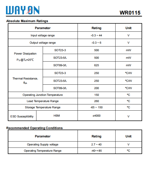 Wayon代理商，維安代理商，40V 150mA高壓穩(wěn)壓器LDO， WR0115系列， WR0115-33A30R ，WR0115-33A50R ，WR0115-33A20R