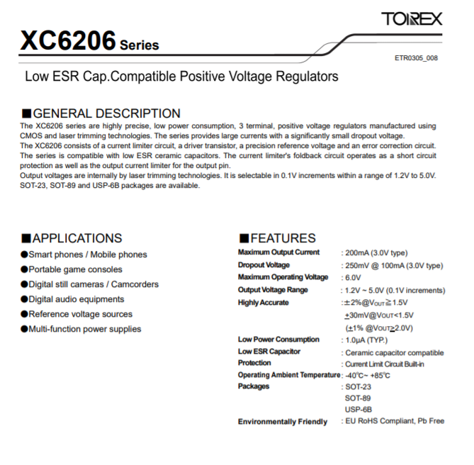 特瑞仕代理商，TOREX代理商，TOREX LDO線性穩(wěn)壓器，XC6206P332MR-G， XC6206J332MR-G ，XC6206P332PR.png