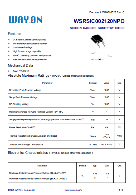 Wayon代理商，維安代理商，SiC Schottky Diode， 碳化硅肖特基二極管，WSRSIC002120NPO.png